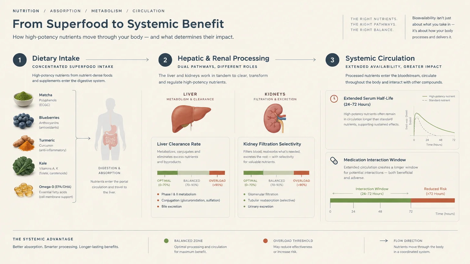 Diagram outlining nutrient digestion, hepatic and renal processing, and systemic circulation with related charts.