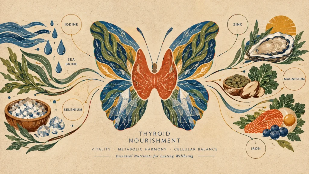 Illustration of a butterfly-shaped thyroid surrounded by nutrient-dense foods, sea brine, salt crystals, and labels.