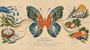 Illustration of a butterfly-shaped thyroid surrounded by nutrient-dense foods, sea brine, salt crystals, and labels.