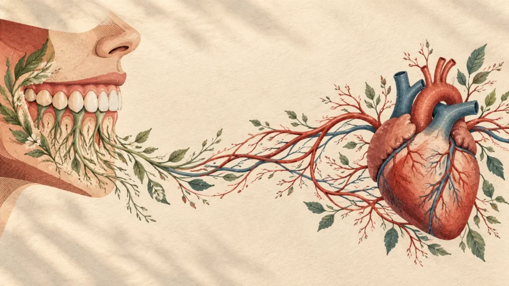 Illustration of teeth with plant roots connecting through blood vessels and leafy vines to an anatomical human heart.