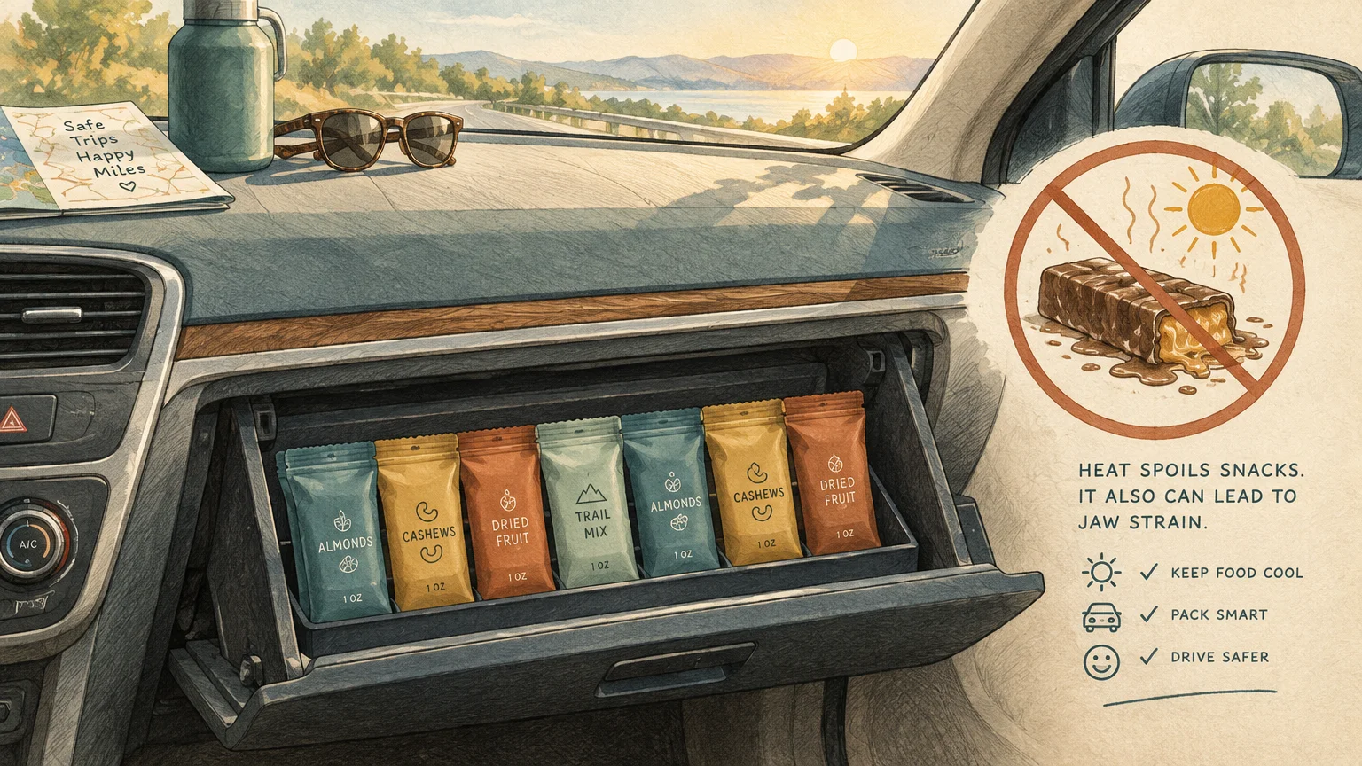 Illustration of an open car glove compartment neatly organized with portioned snack packets of nuts and dried fruit.