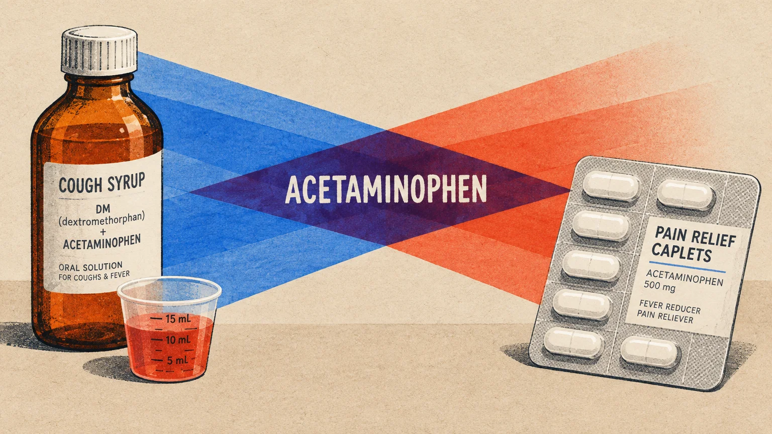 Illustration of cough syrup and pain relief caplet blister pack highlighting shared acetaminophen content.