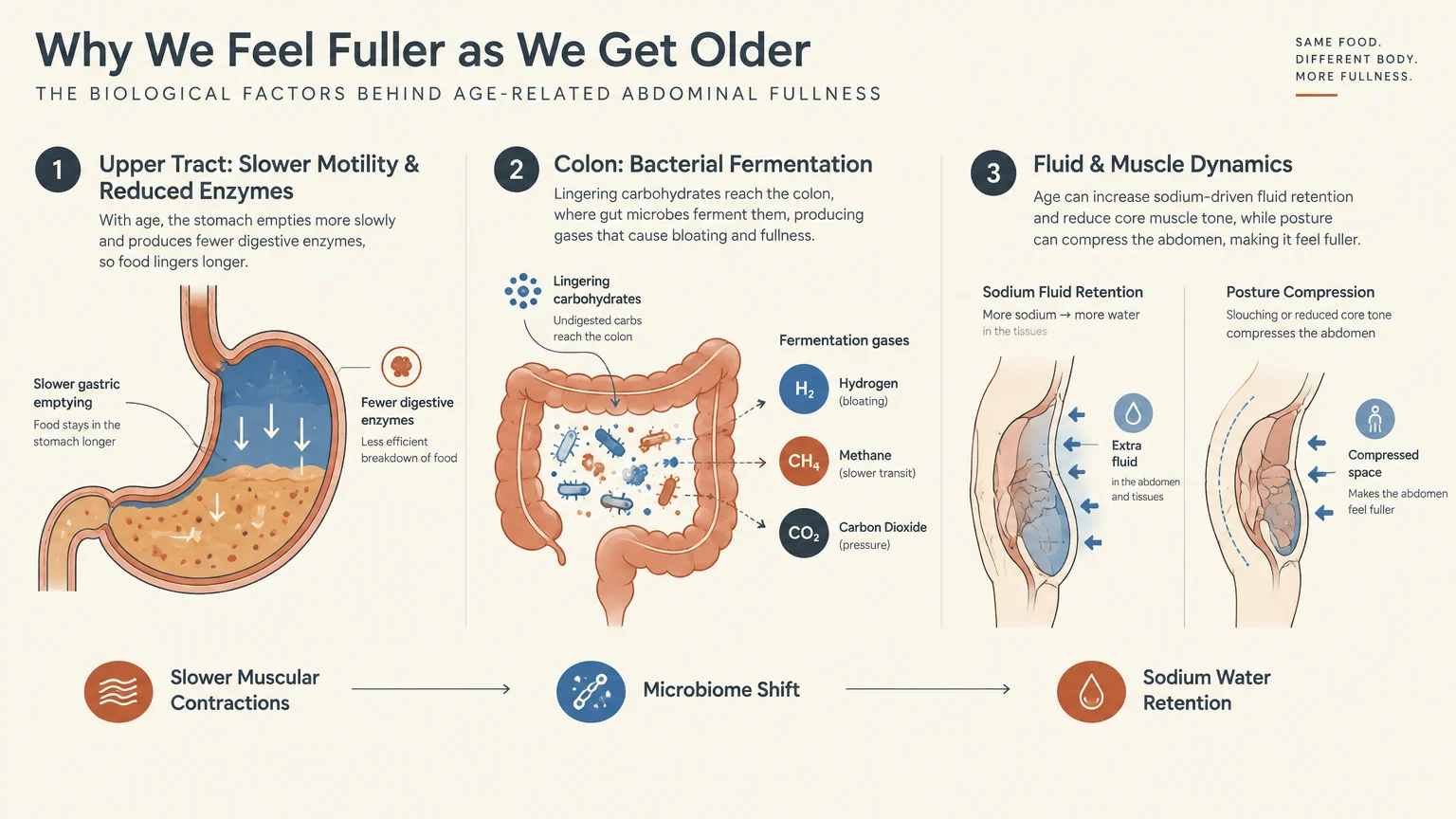 Three-part medical infographic detailing stomach motility, bacterial fermentation in the colon, and abdominal fluid retention.