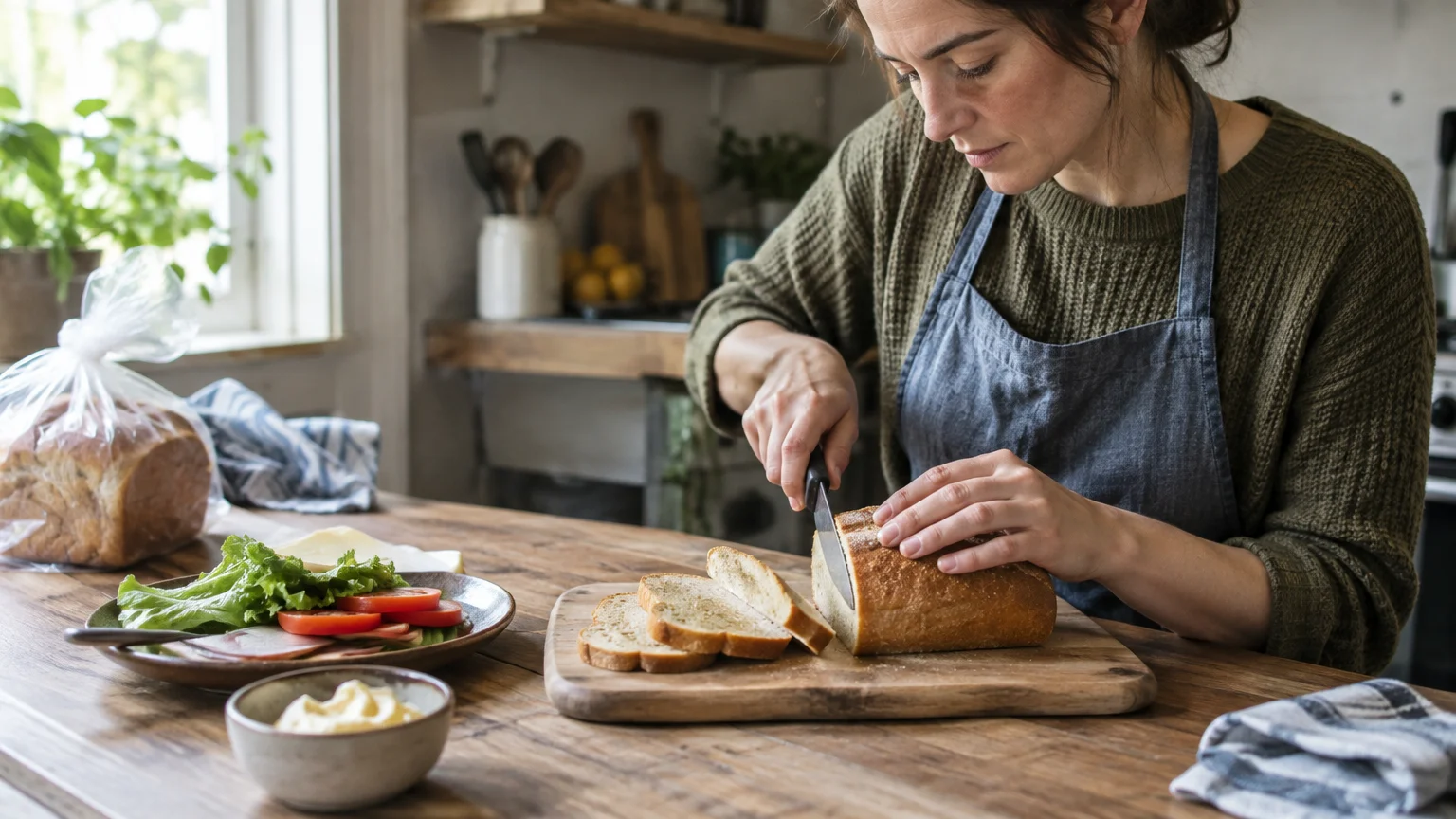 A woman in a grey apron slices a loaf of crusty bread on a wooden board next to fresh sandwich toppings.