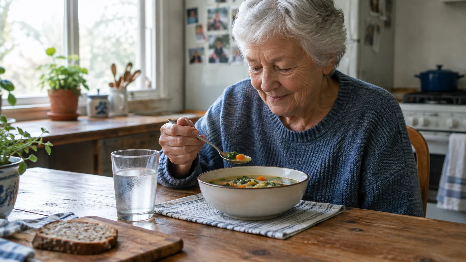 Senior woman in a blue sweater eating a bowl of vegetable soup at a rustic wooden kitchen table.