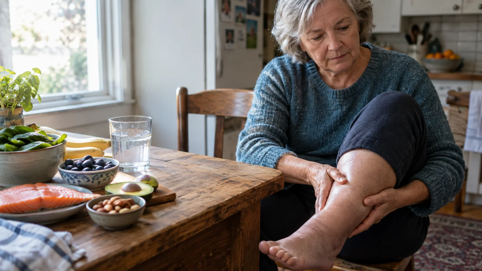 A woman sitting at a kitchen table massages her swollen lower leg and ankle next to healthy foods.
