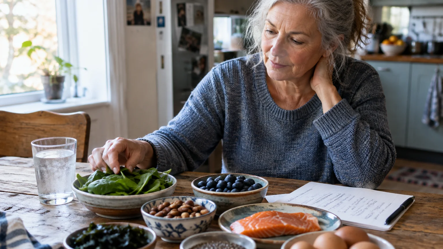 A senior woman sits at a wooden kitchen table with bowls of spinach, salmon, nuts, and berries beside a notebook.
