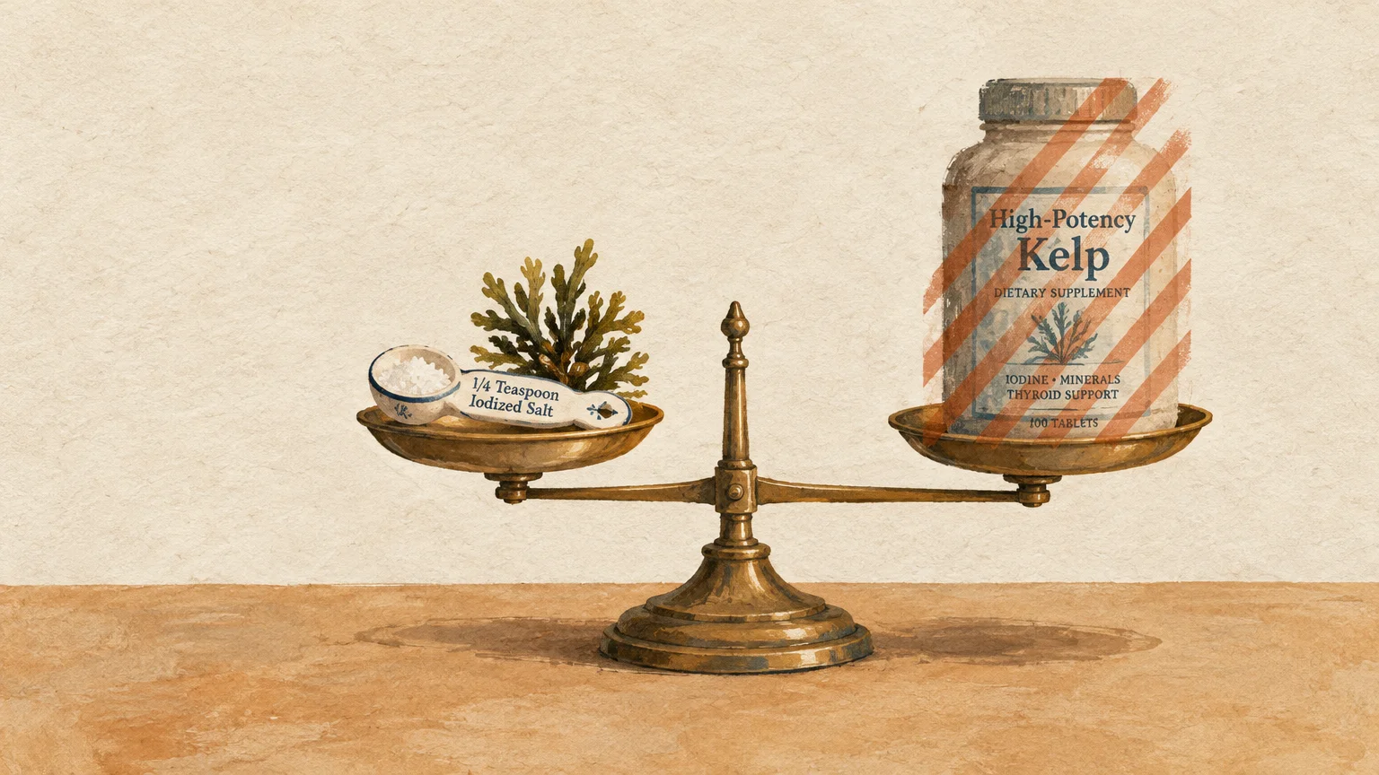 Illustration of a balance scale weighing a quarter-teaspoon of iodized salt against a crossed-out bottle of kelp supplements.