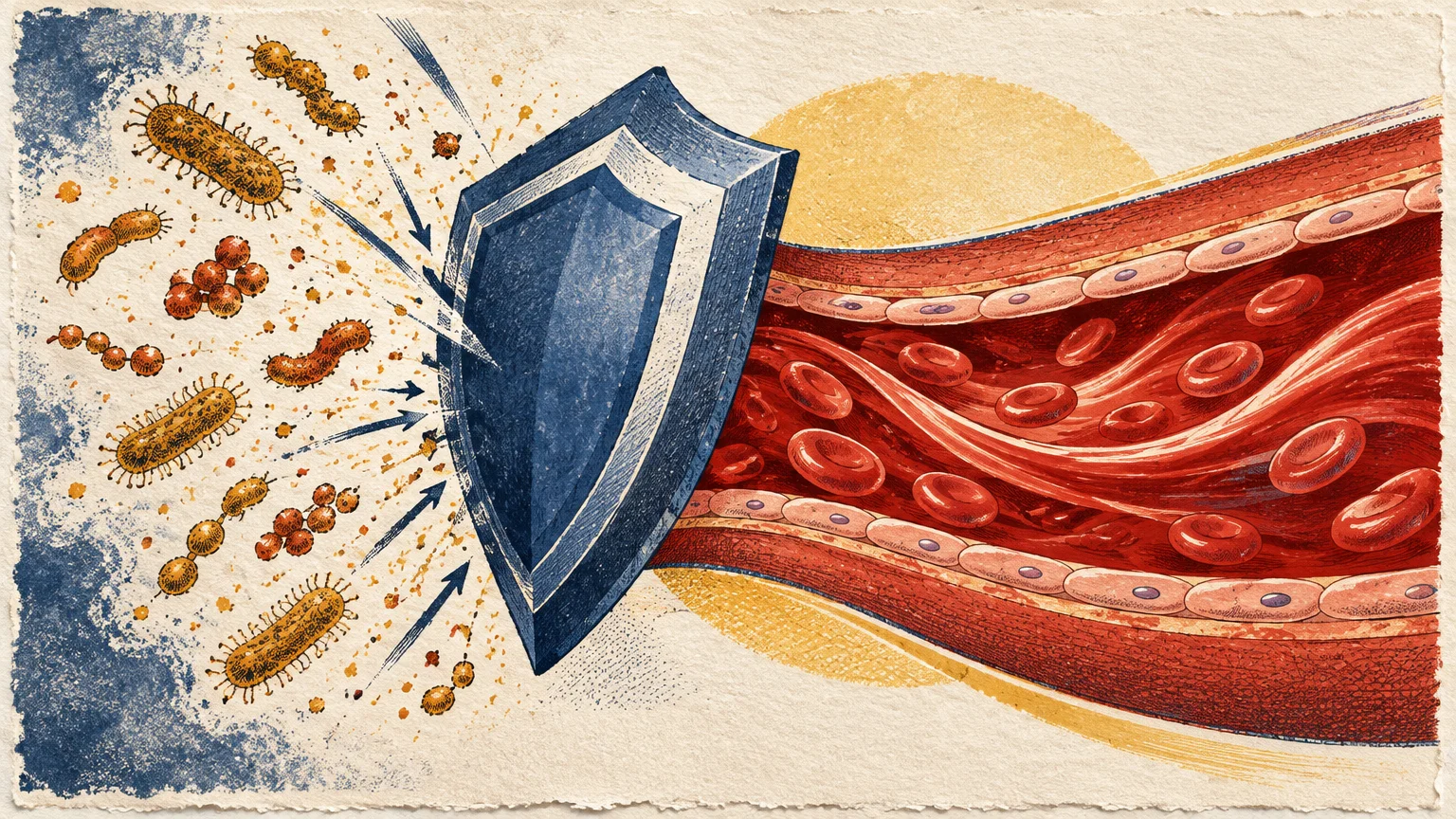 Illustration of a blue shield blocking bacteria from entering an open blood vessel carrying red blood cells.