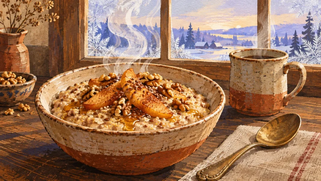 Steaming bowl of porridge topped with baked apples, walnuts, and honey by a snowy window next to a hot mug.