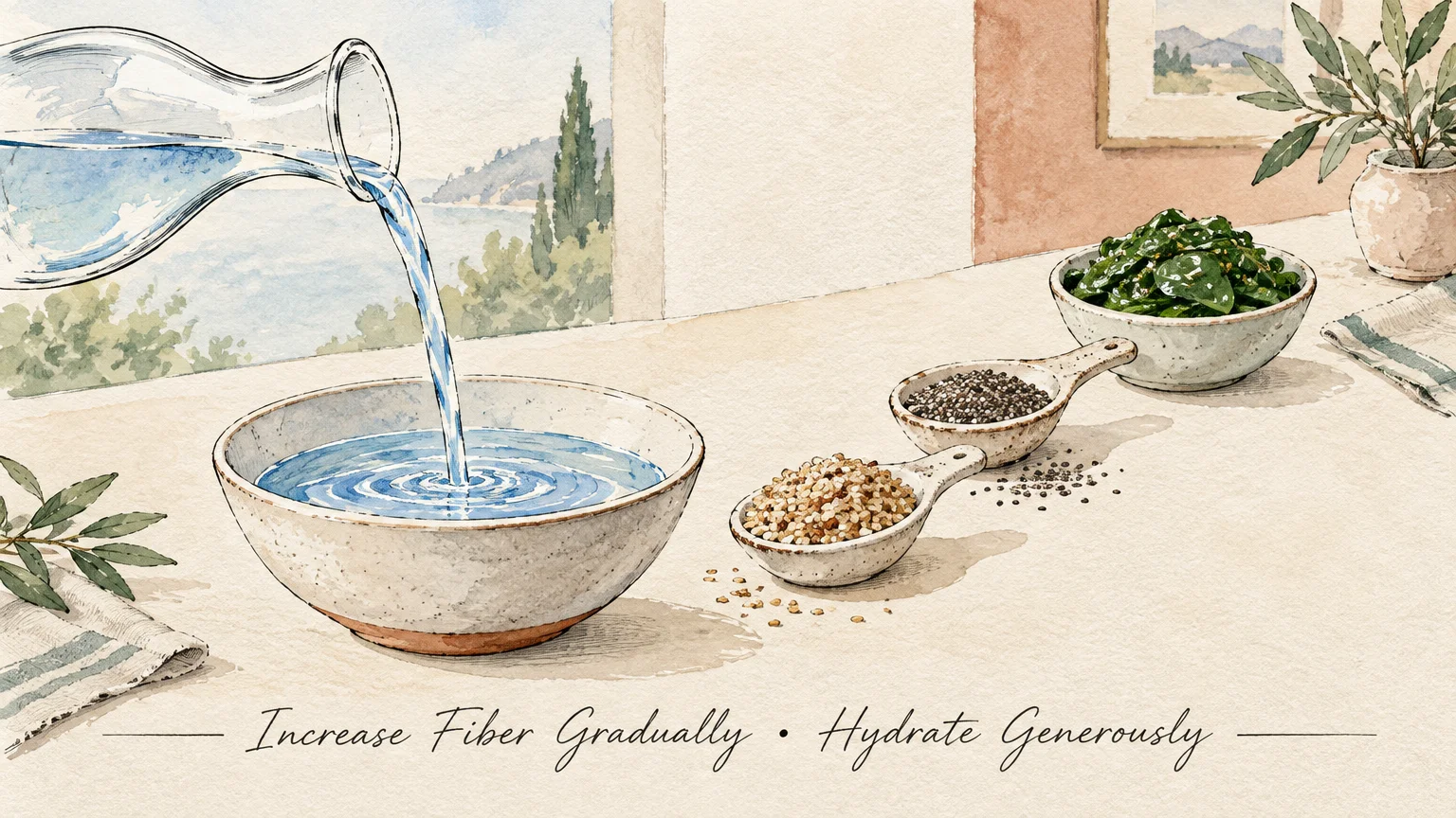 Watercolor illustration of water pouring into a bowl beside small dishes of seeds, grains, and greens on a counter.