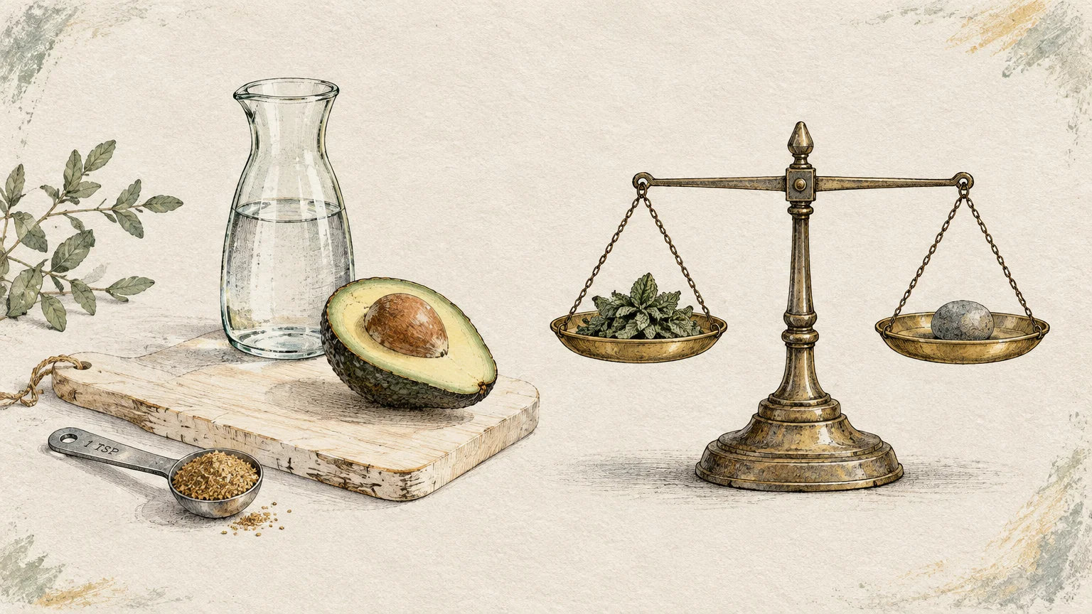Illustration of a balance scale beside an avocado half, glass water carafe, cutting board, and measuring spoon of seeds.