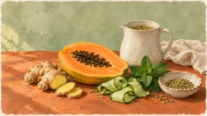 Illustration of sliced papaya, ginger, cucumber ribbons, mint leaves, fennel seeds, and a ceramic pitcher on a rustic table.