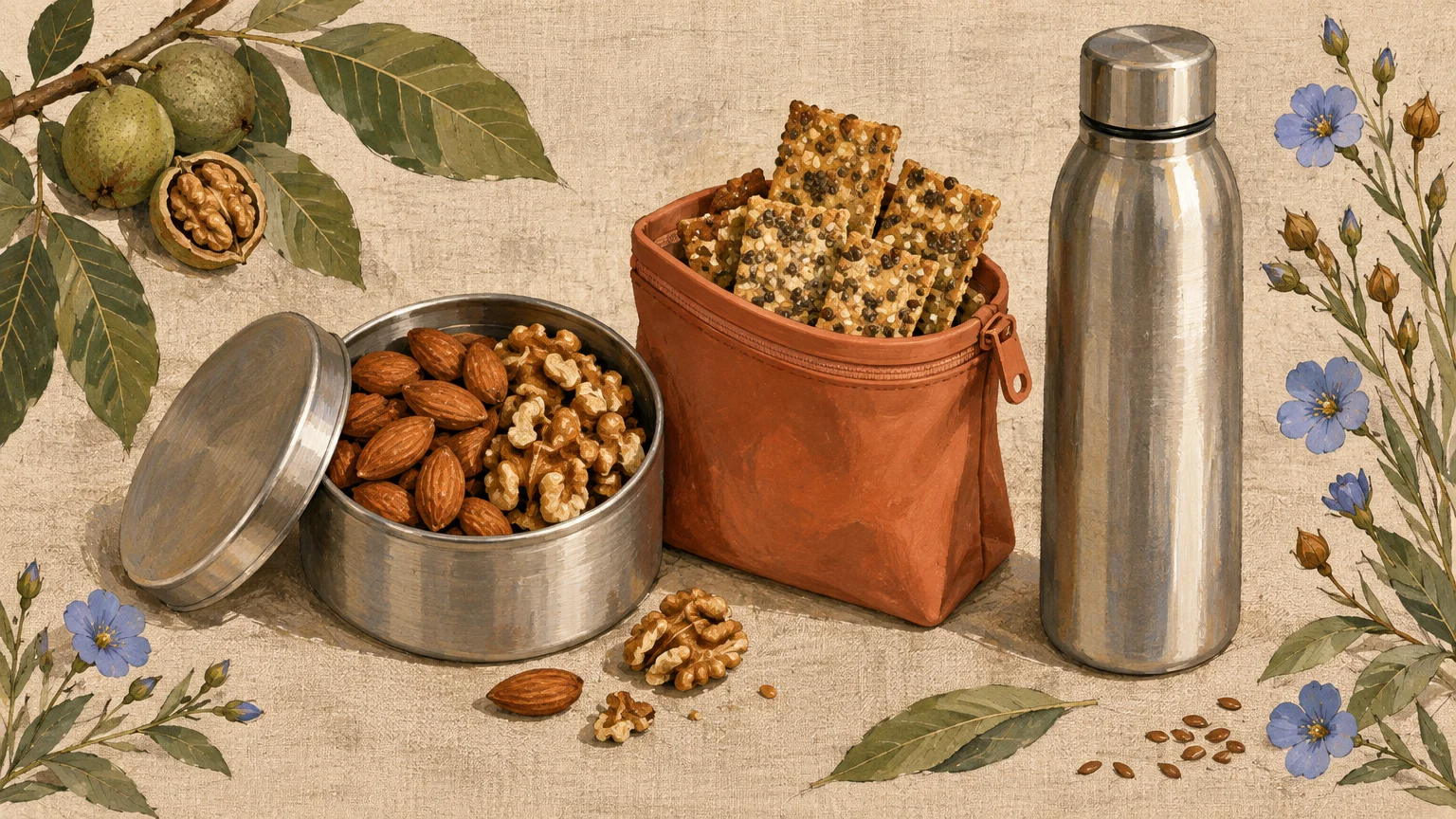Illustration of a tin filled with nuts, a small pouch of seeded crackers, and a stainless steel water bottle.