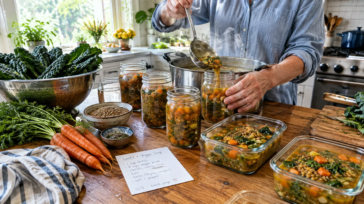 A person ladles steaming lentil and vegetable soup from a large pot into glass jars and containers on a kitchen island.