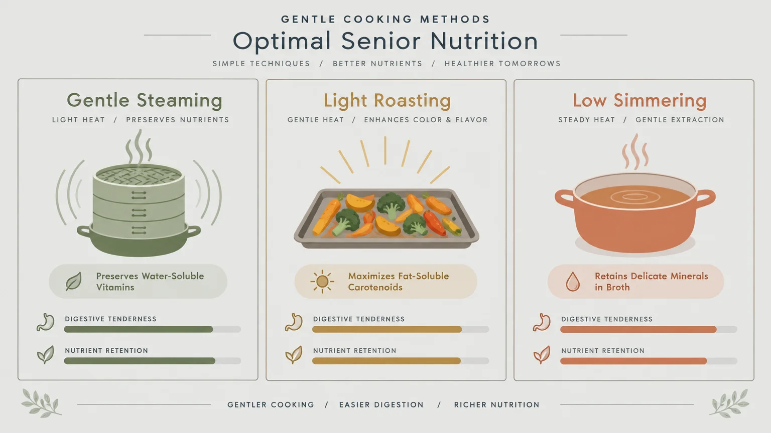Infographic showing gentle steaming, light roasting, and low simmering cooking methods with nutrient retention meters.