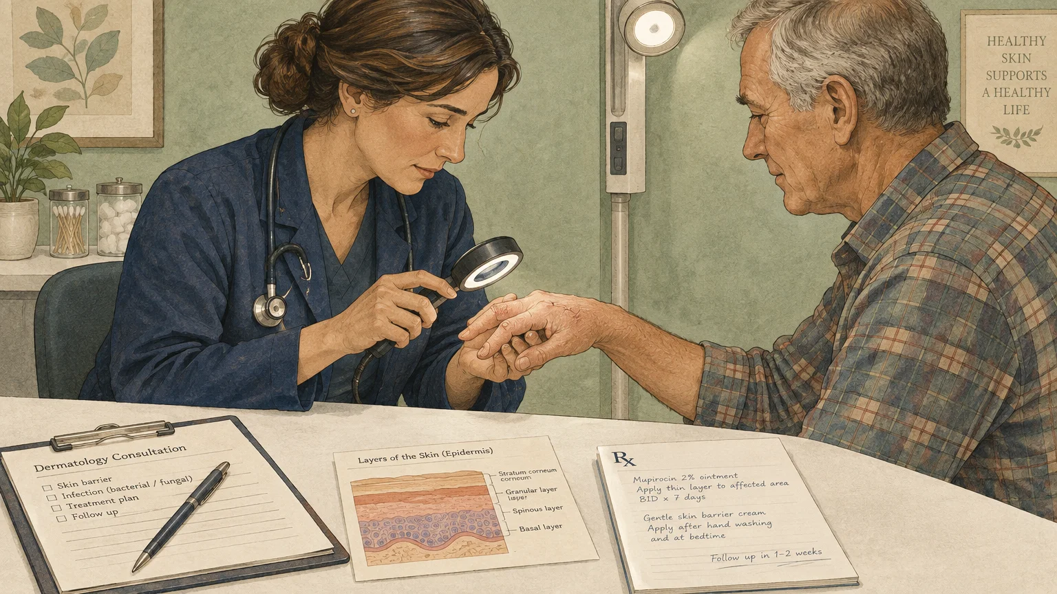 A doctor examines an older man's hand with a magnifying lamp beside clinical dermatology notes on a desk.