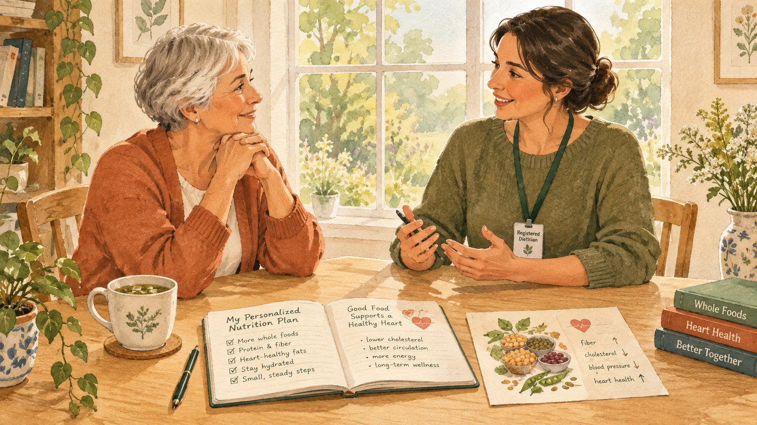 Watercolor illustration of a registered dietitian discussing a personalized heart health nutrition plan with a senior woman.