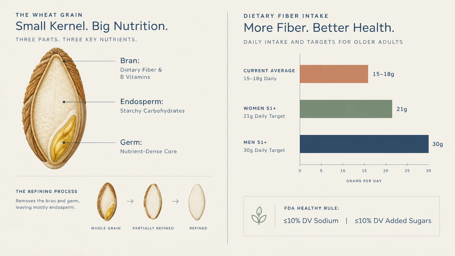 Diagram of wheat grain anatomy, the refining process, and a bar chart showing daily dietary fiber intake targets for adults 51+.