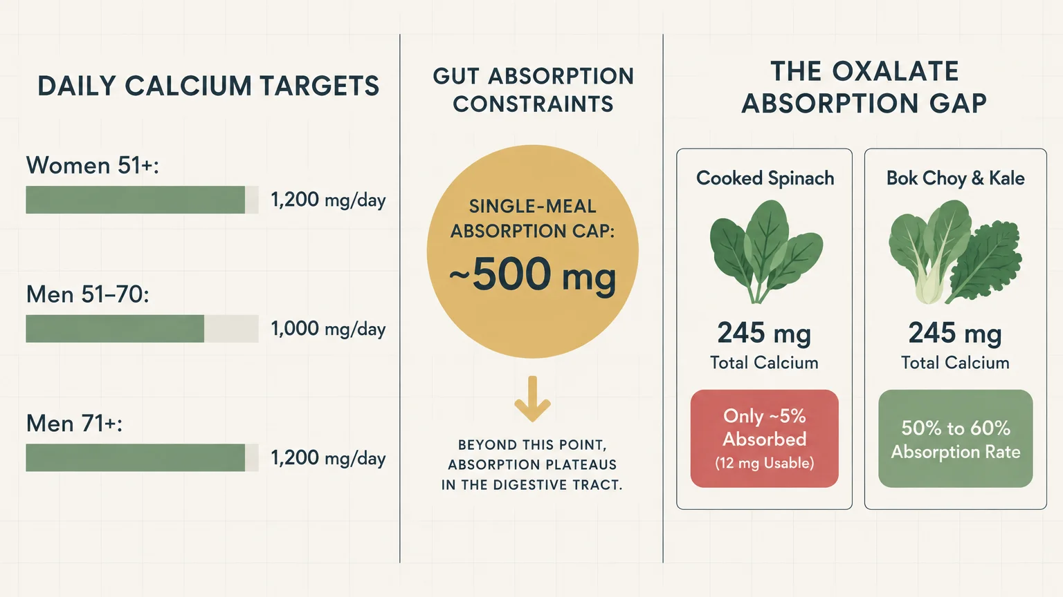 Diagram showing daily calcium targets, a digestive absorption cap, and oxalate absorption comparison between spinach and kale.
