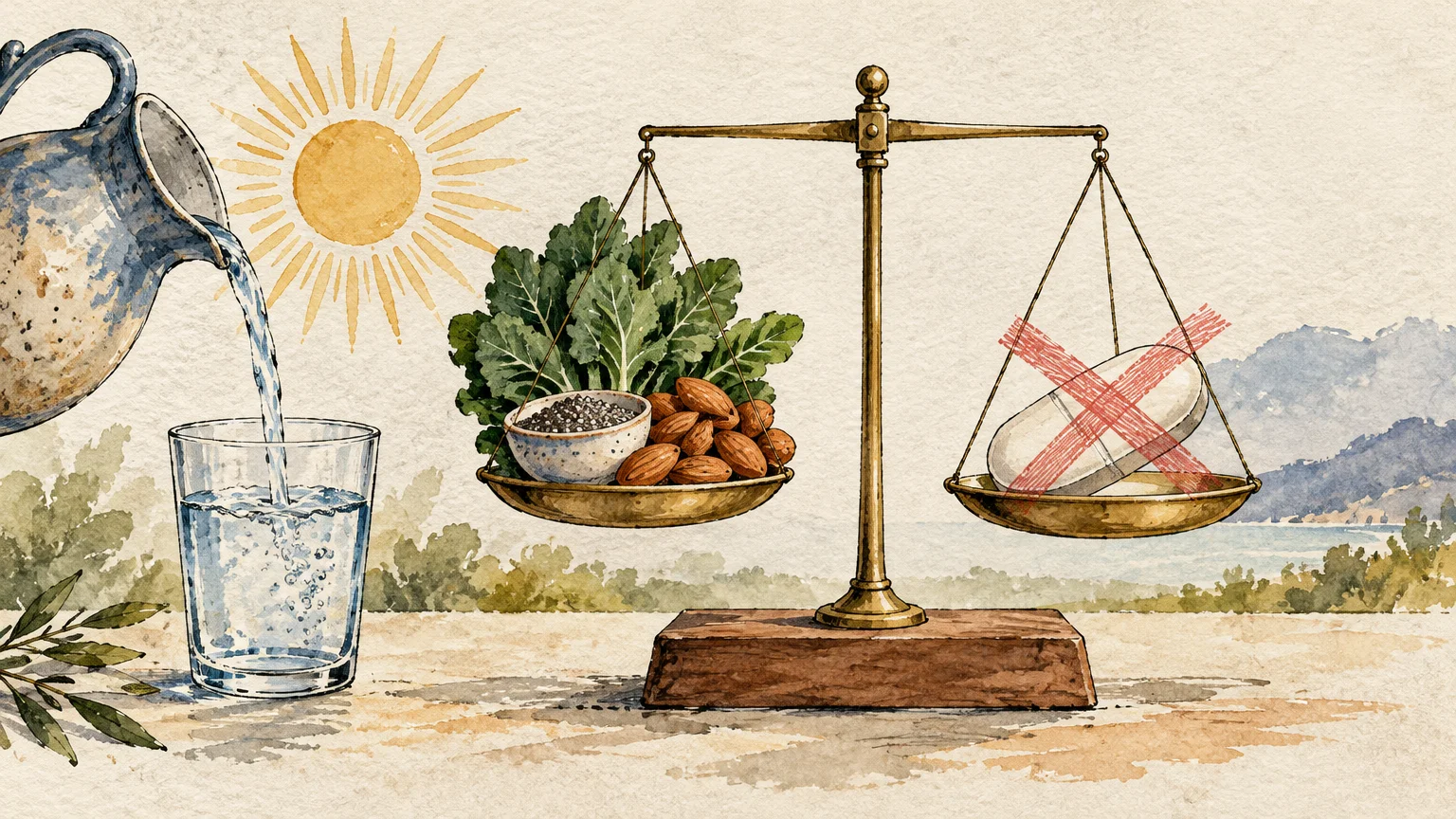 Illustration of scales balancing plant foods against a crossed-out pill beside water pouring under a bright sun.