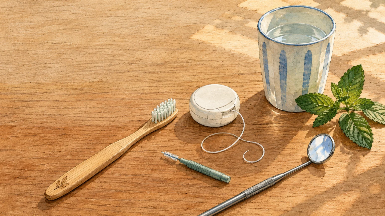 A wooden toothbrush, dental floss, interdental brush, mouth mirror, glass of water, and mint leaves on a wooden surface.