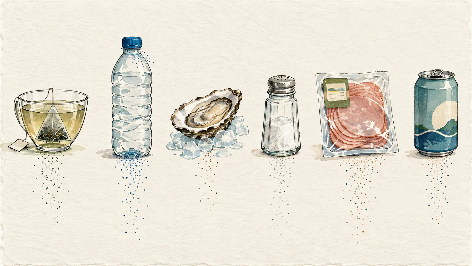 Six items including tea, a plastic bottle, oyster, salt shaker, deli meat, and drink can shedding tiny particles.