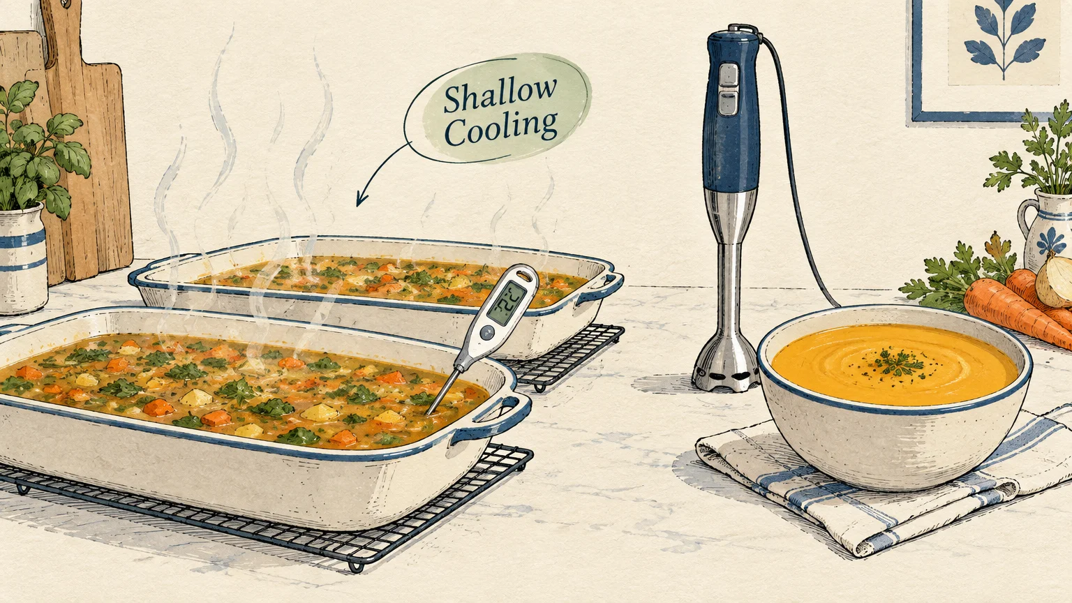Soup cooling in shallow pans with a food thermometer beside an immersion blender and a bowl of pureed soup on a counter.