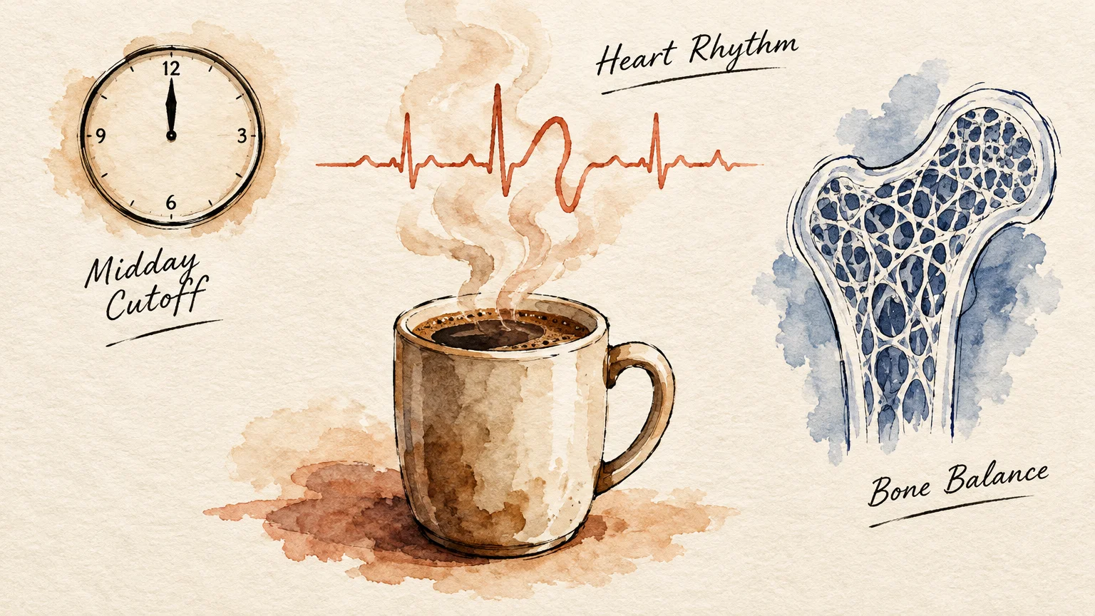Watercolor of a steaming coffee mug flanked by a clock at noon, an EKG heartbeat line, and a bone cross-section.