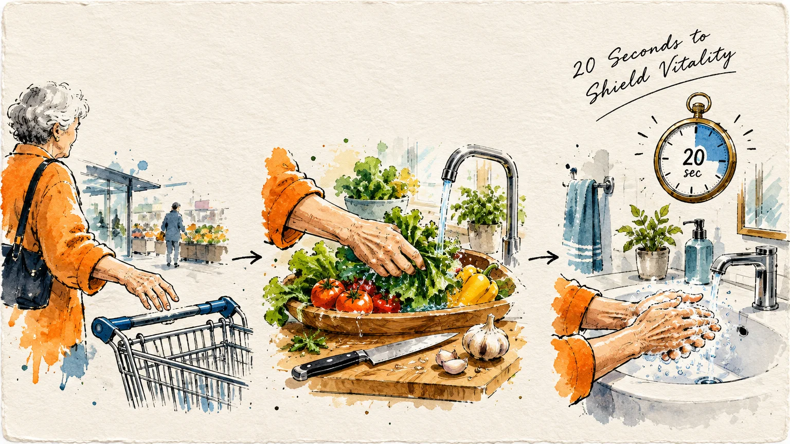 Watercolor sequence of an older woman pushing a shopping cart, washing produce, and washing hands near a 20-second timer.