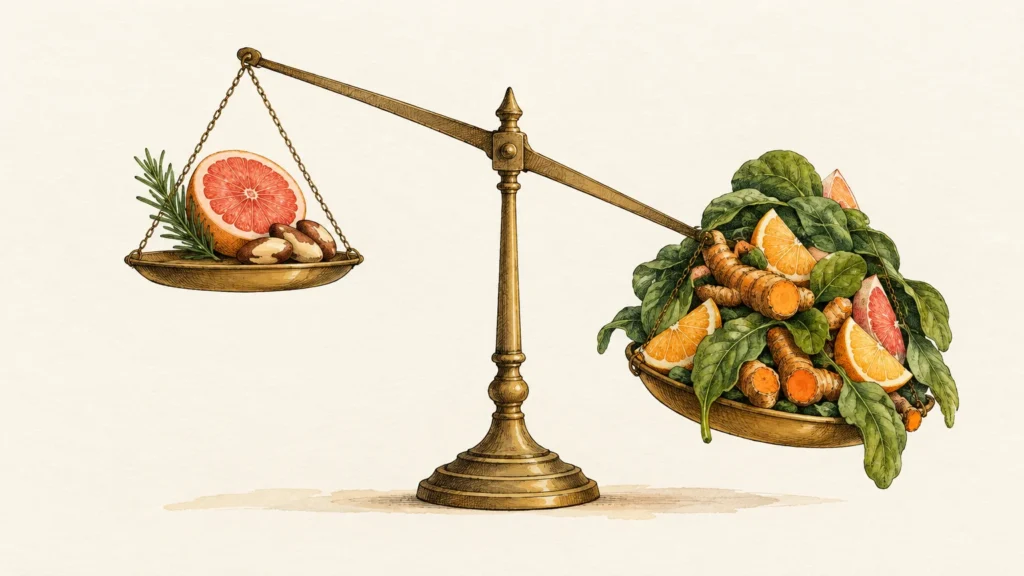 Brass balance scale tipped heavily toward a large heap of spinach, turmeric, and citrus slices.