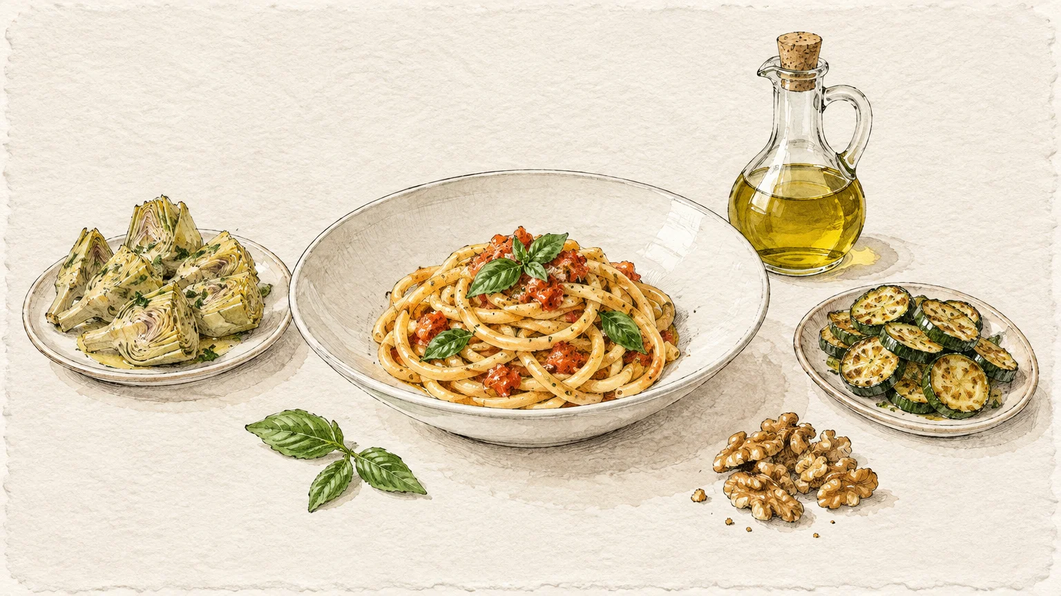 Illustration of a bowl of spaghetti with tomato sauce, served with artichokes, zucchini, walnuts, and olive oil.