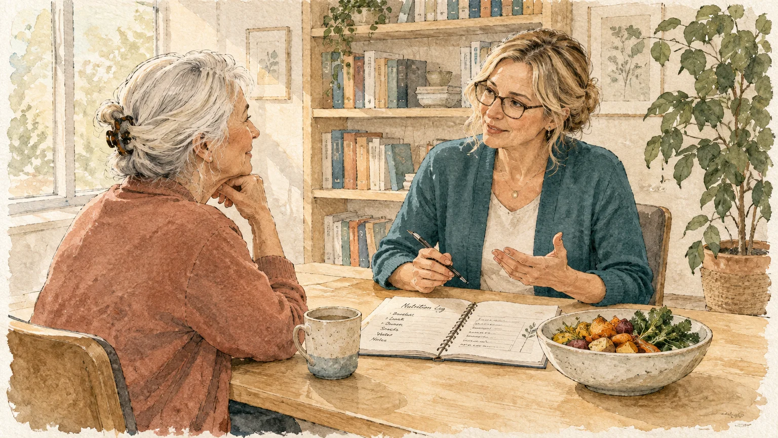 Watercolor illustration of a female dietitian speaking with an older woman across a table with a nutrition log and bowl of food.