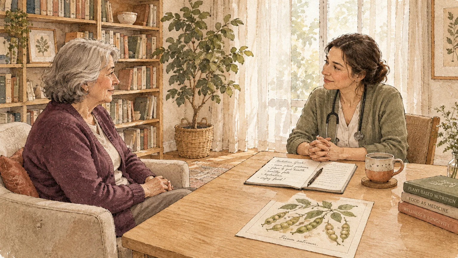 Watercolor illustration of a doctor with a stethoscope talking to a senior woman seated at a wooden desk with a notebook.