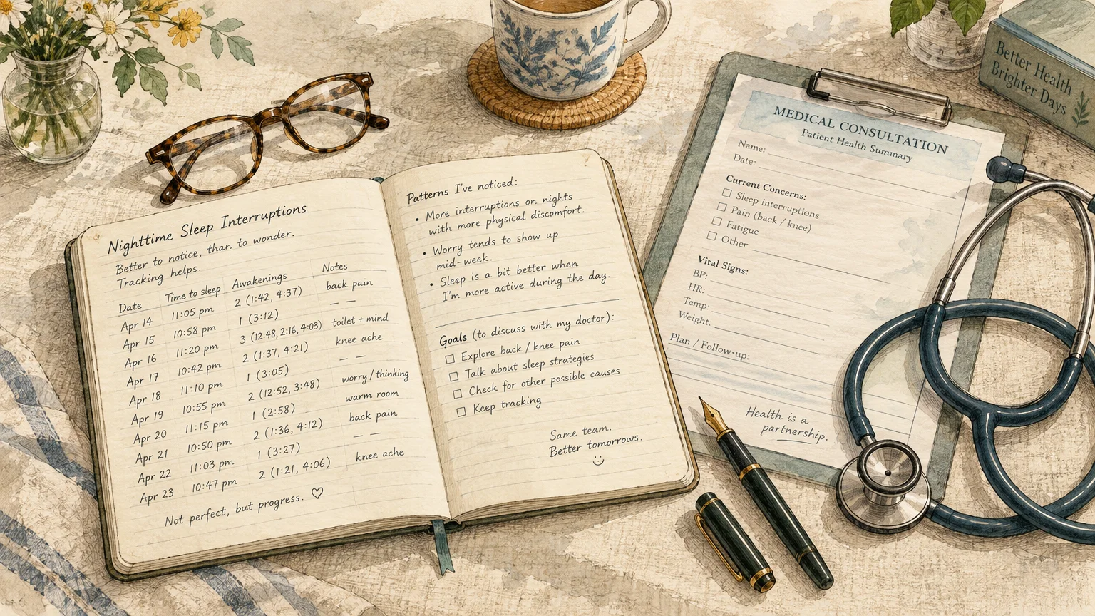 Illustration of an open sleep journal, glasses, a fountain pen, and a medical consultation form with a stethoscope.