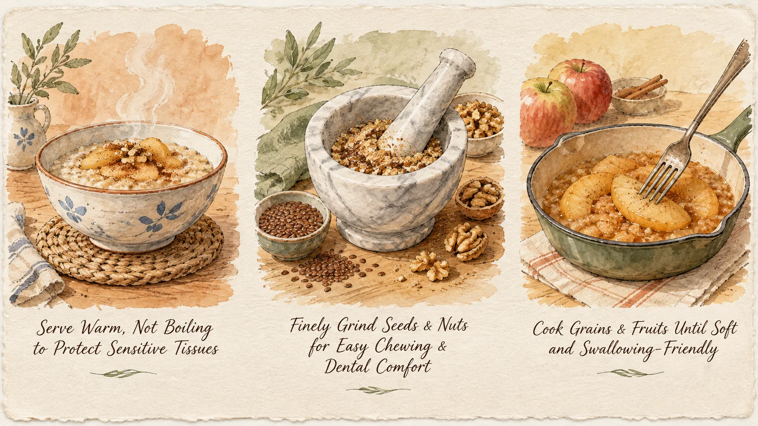 Watercolor illustration showing a steaming oatmeal bowl, a marble mortar and pestle grinding nuts, and cooked apples in a pan.