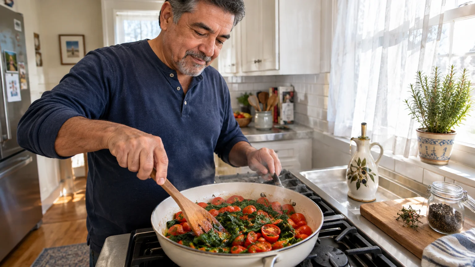 A man cooks cherry tomatoes and leafy greens in a skillet on a gas stove in a bright kitchen.