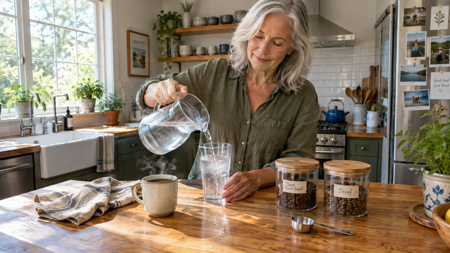 A senior woman pours water from a pitcher into a glass on a kitchen counter beside a steaming mug and coffee bean jars.
