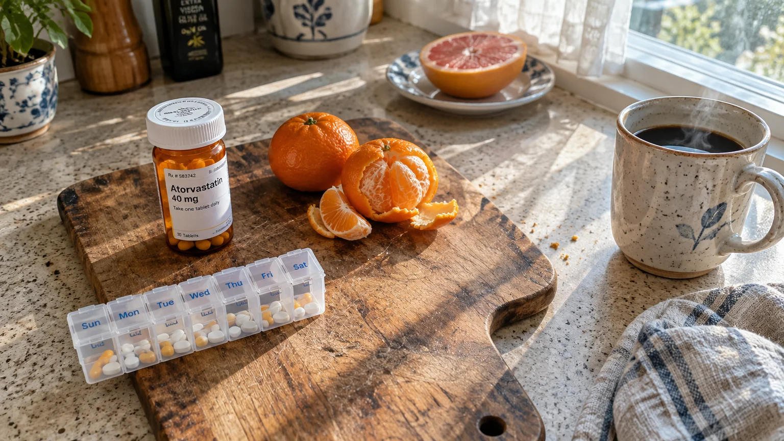 Bottle of atorvastatin, daily pill organizer, peeled tangerines, half a grapefruit, and coffee on a kitchen counter.