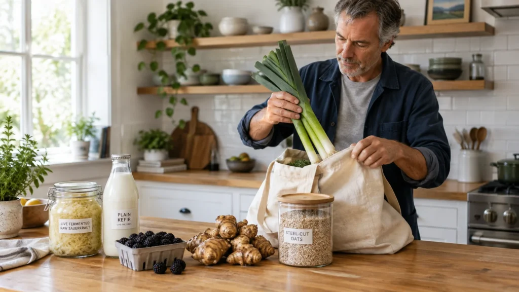 A man unpacking fresh leeks, oats, kefir, berries, and sunchokes from a canvas grocery bag in a kitchen.