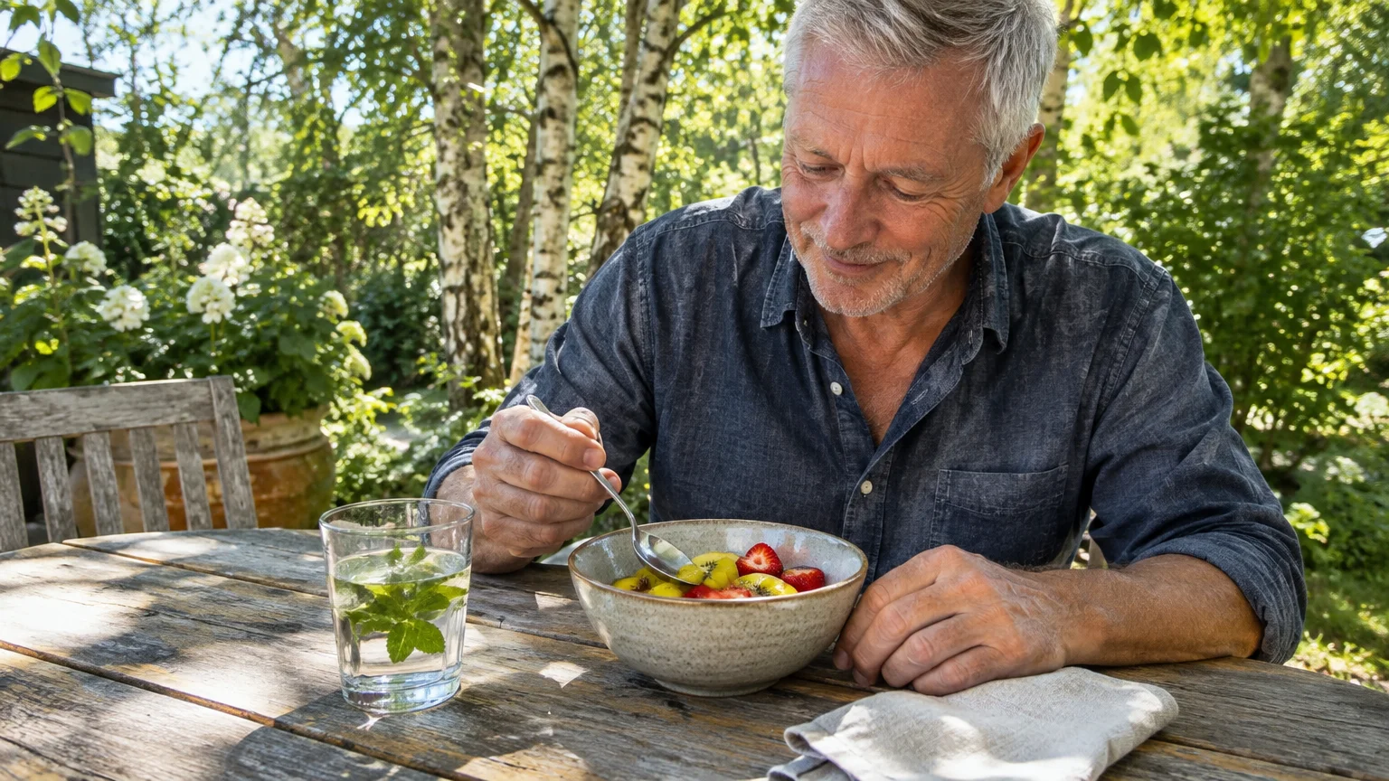 A smiling mature man sitting outdoors at a wooden table, eating fresh sliced fruit from a ceramic bowl with a spoon.