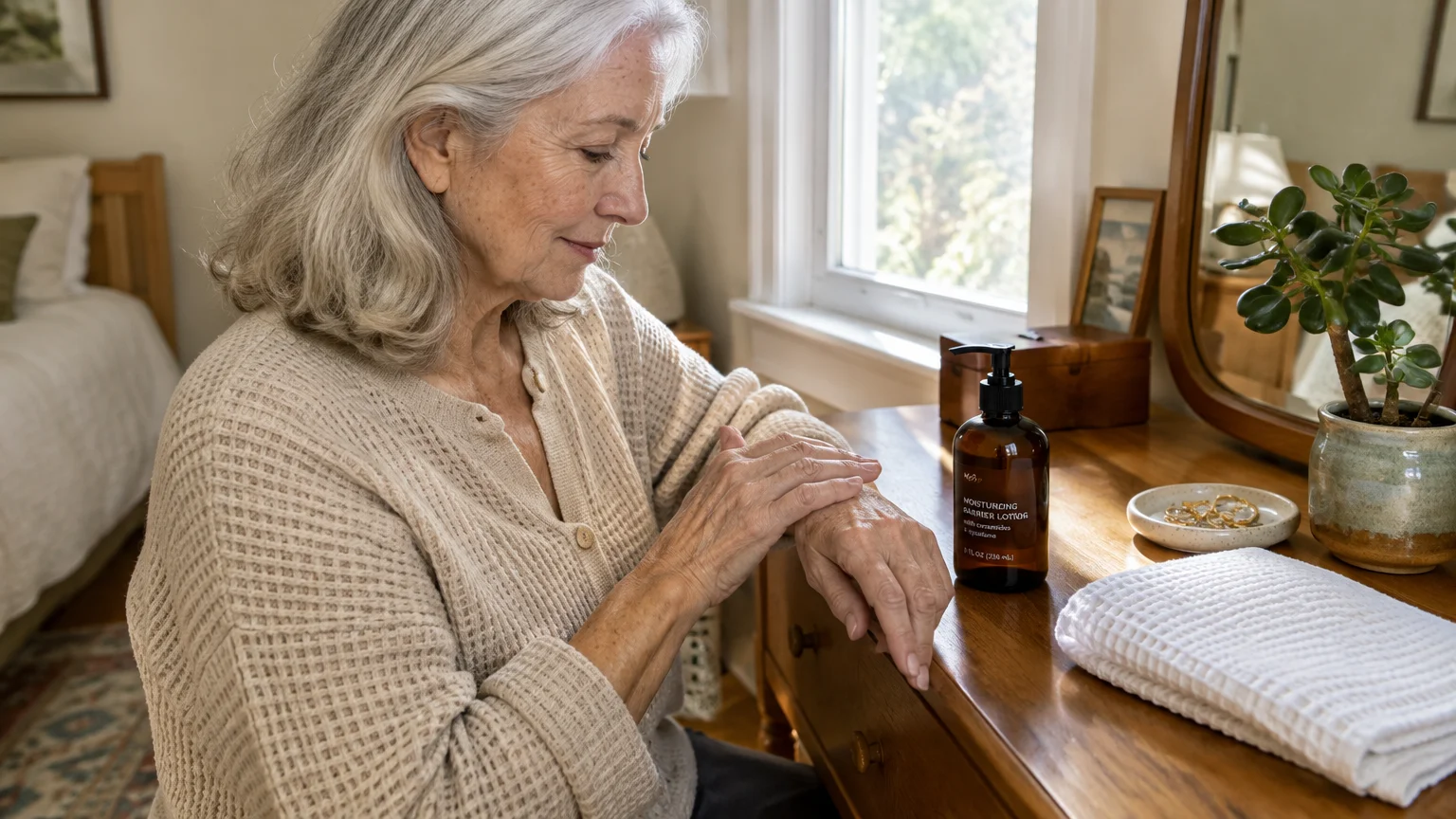 Senior woman applying lotion to her hands while seated beside a vanity table with a pump bottle and white towel.