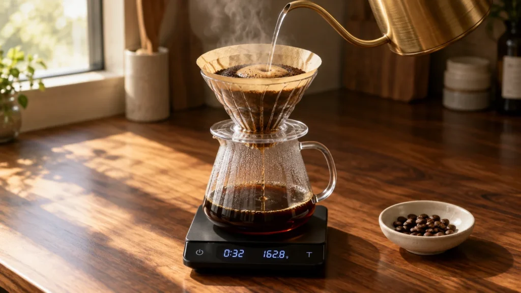 Hot water pouring from a brass kettle into a pour-over coffee dripper set on a digital scale atop a wooden counter.