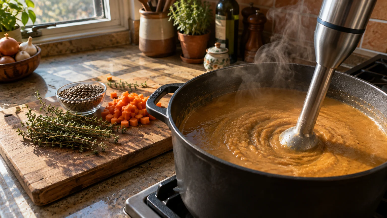 Immersion blender pureeing brown soup in a pot beside a cutting board with thyme, carrots, and lentils.