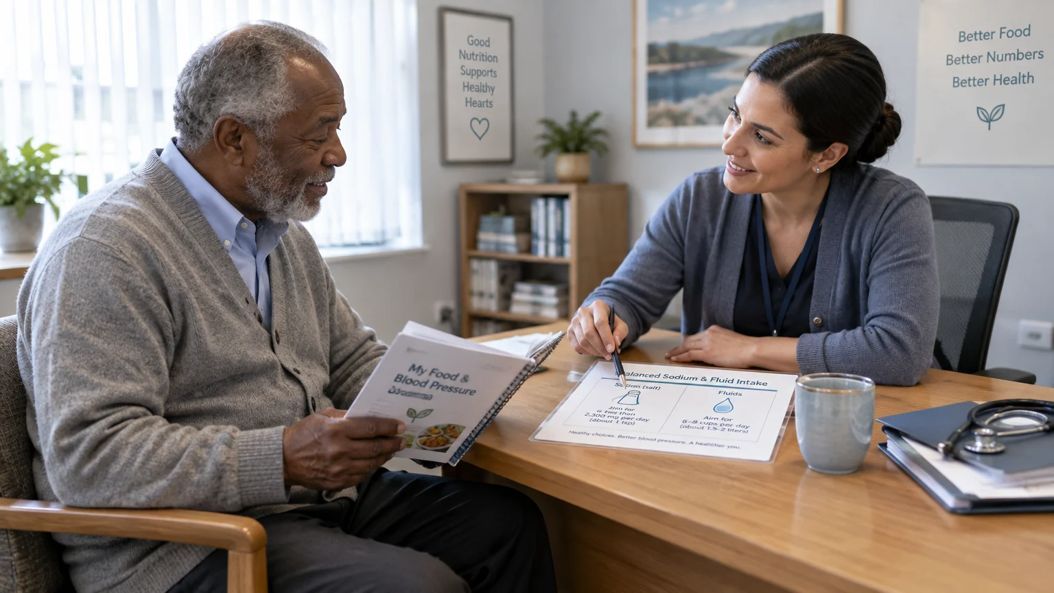 A healthcare provider explains a sodium and fluid intake guide to a senior man seated across her desk.