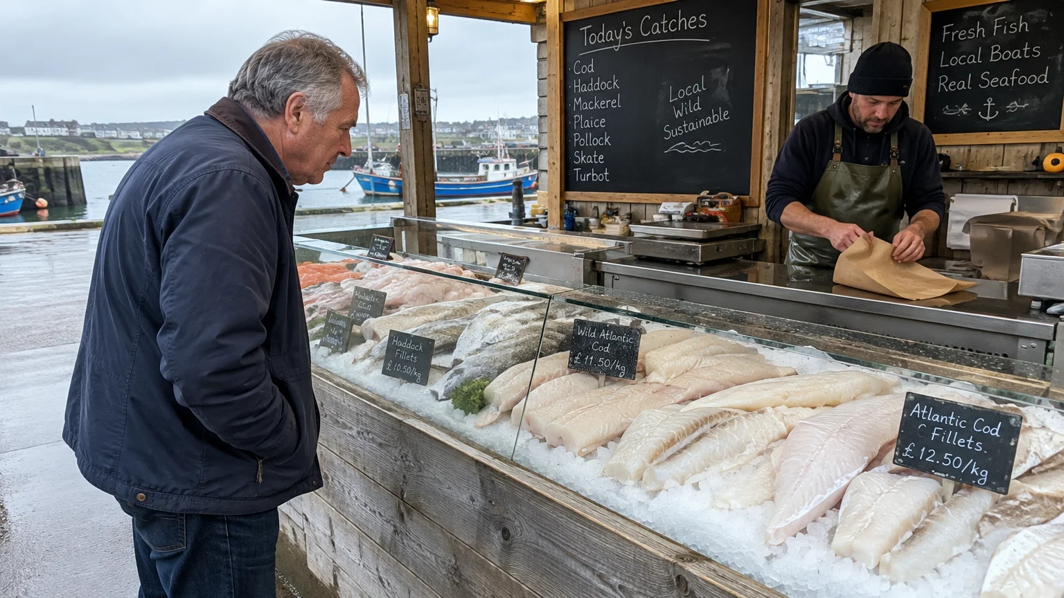 A man looks at fresh fish on ice at an outdoor harbor market stall while the fishmonger prepares brown paper packaging.
