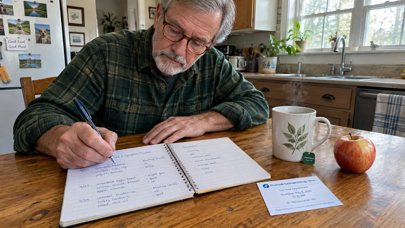 A man writes in a food and symptom tracker notebook next to a mug, apple, and gastroenterology clinic appointment card.