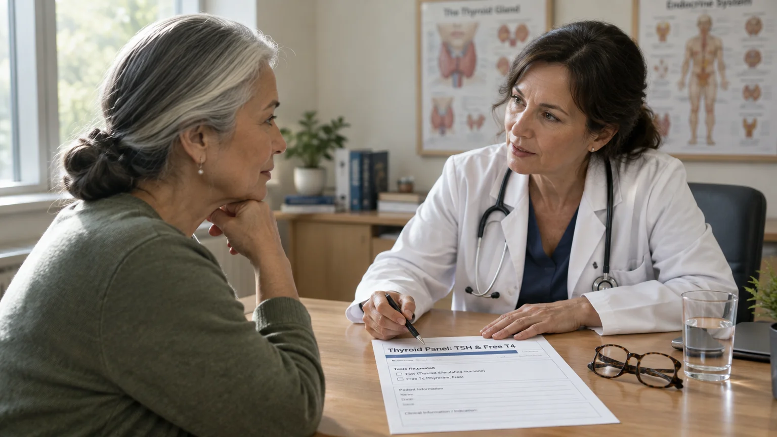 A female doctor in a white coat speaks with an older woman across a desk with a thyroid panel form.