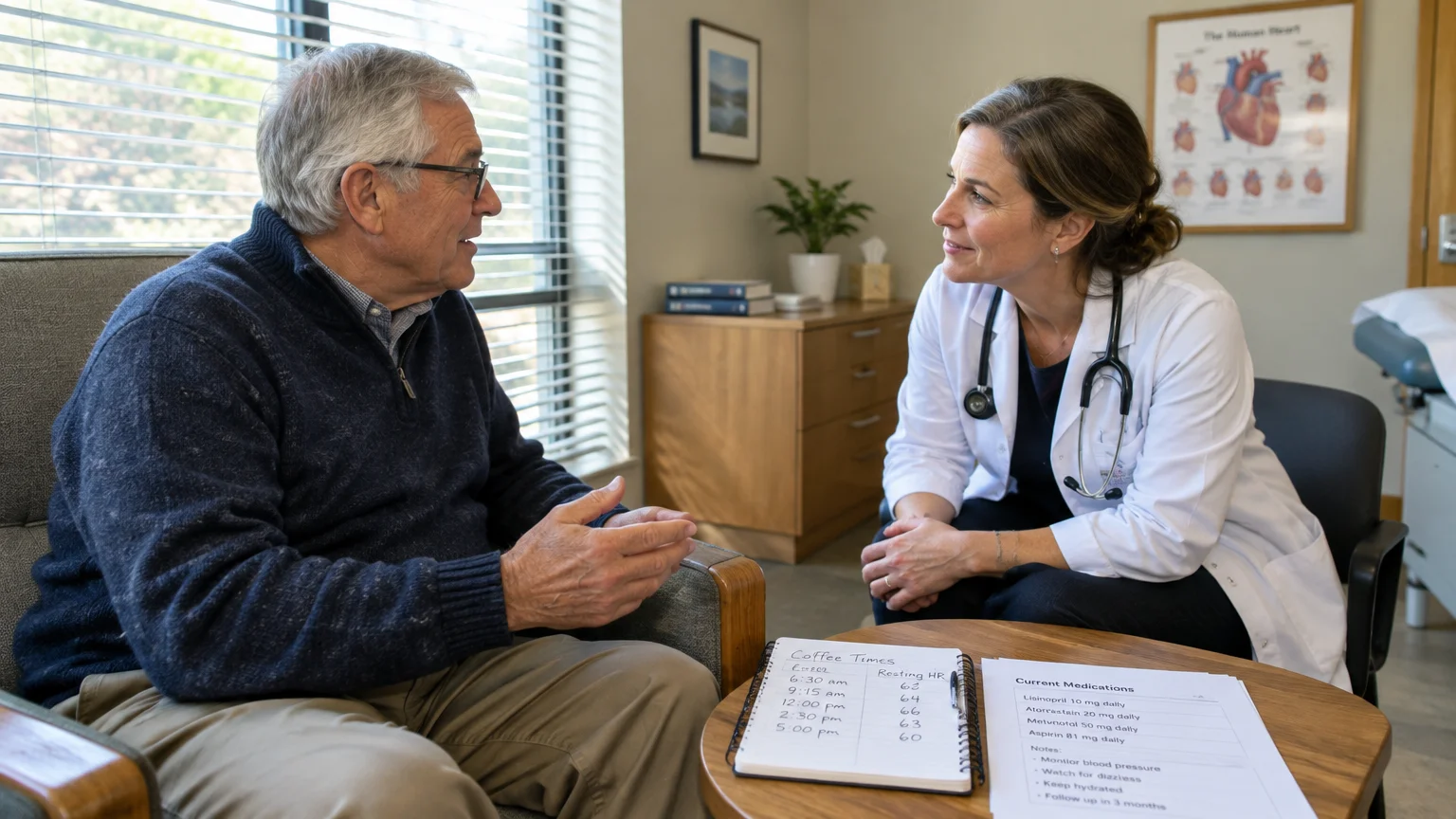 A senior man speaks with a female doctor wearing a stethoscope, with medication and coffee logs on a table between them.
