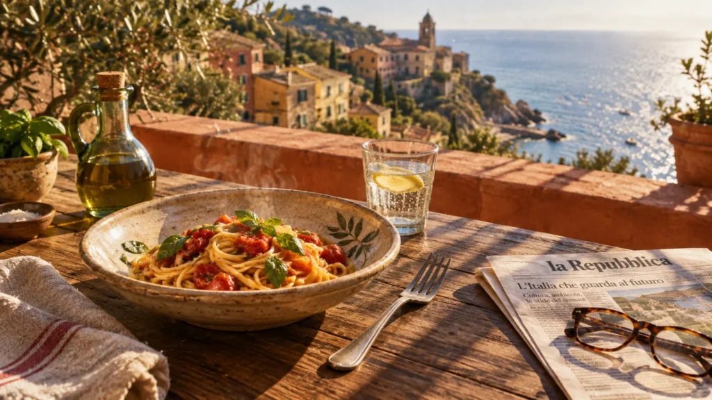 Bowl of tomato basil pasta, olive oil, and newspaper on a rustic terrace overlooking an Italian seaside village.
